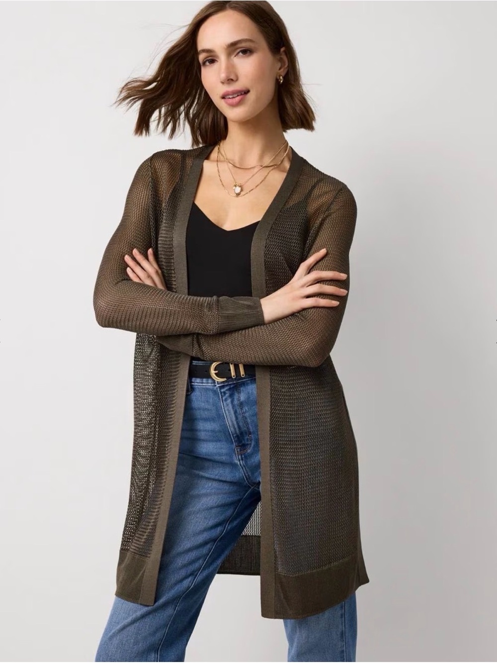 White House Black Market Dk Brown Open Stitch Longline Cardigan